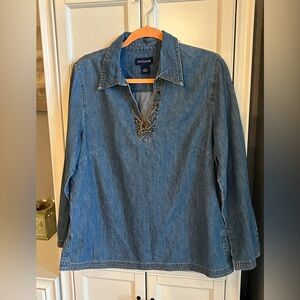 Vintage Ann Taylor Denim Long Sleeve Blouse - Medium, Lace-Up V-Neck, Boho
